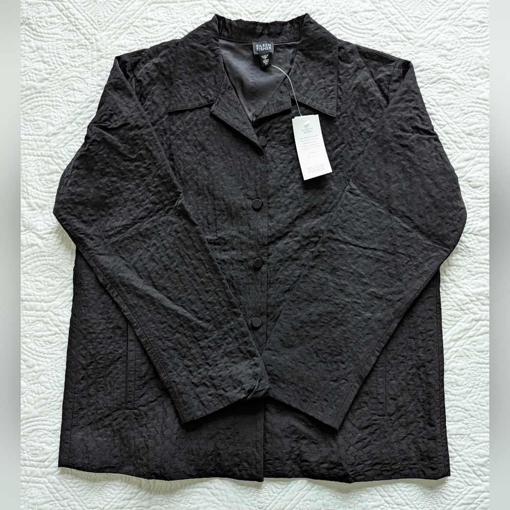 Eileen Fisher Black Quilted Button Up Blazer